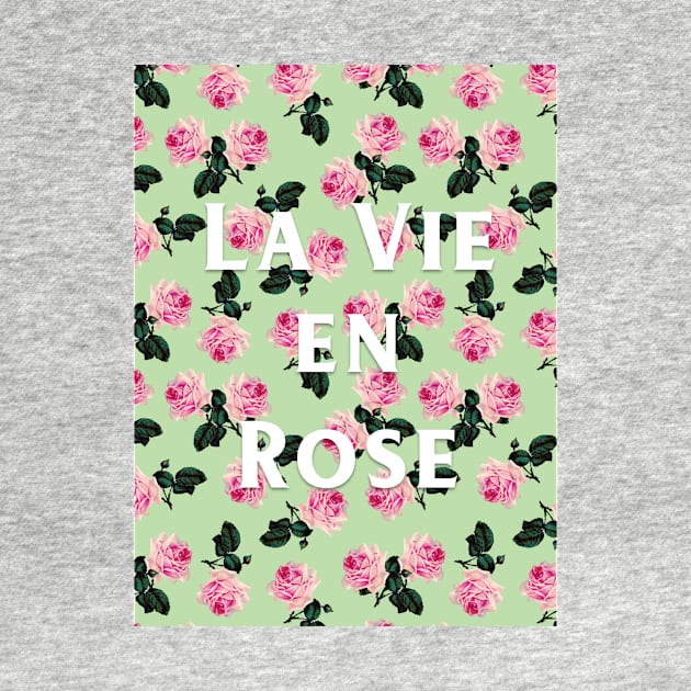 La Vie En Rose - scattered pink vintage roses on green, pink tee by bettyretro